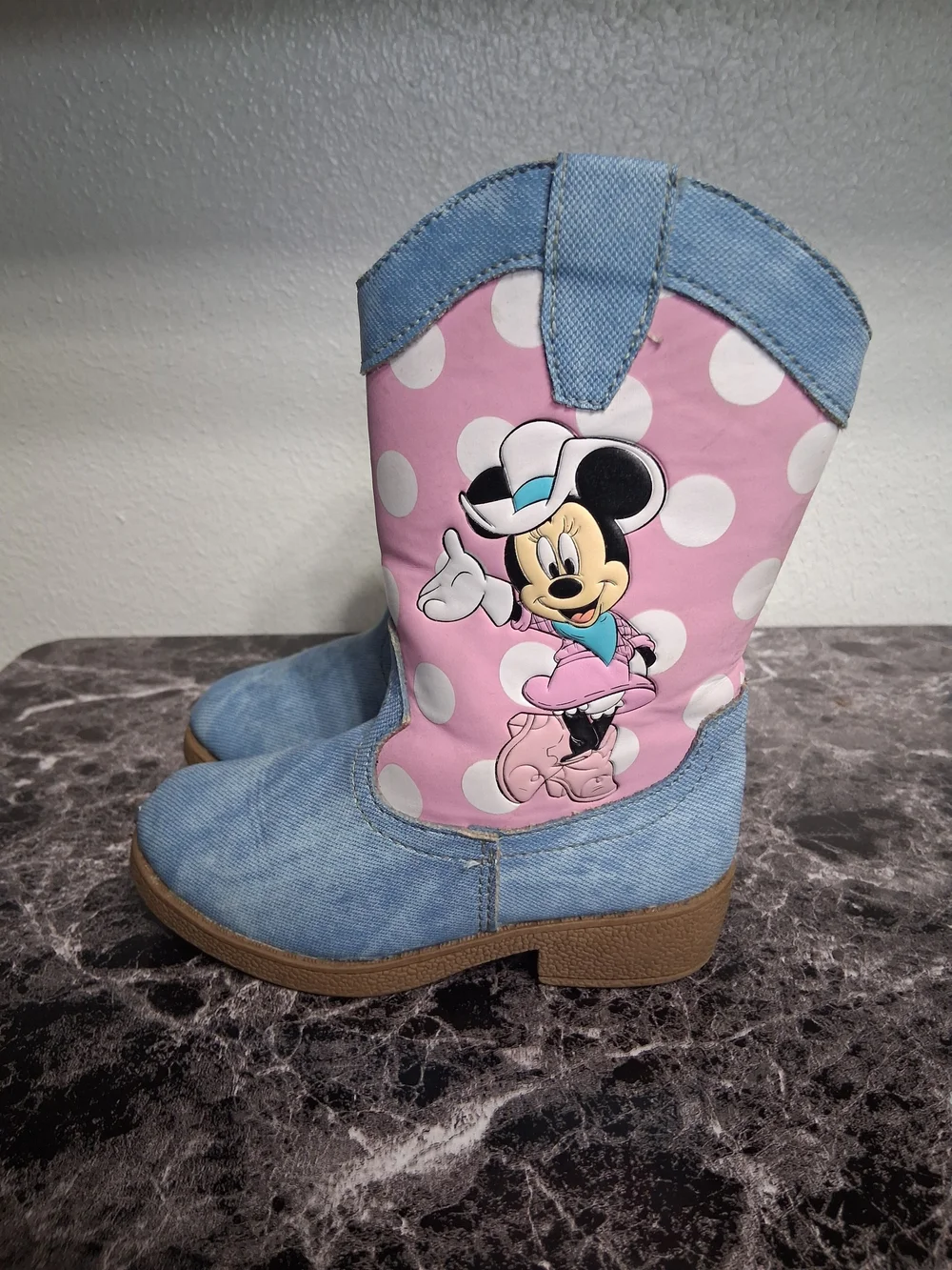 Minnie Mouse Pink Polka Dot Denim Kids Cowboy Boots Size 7